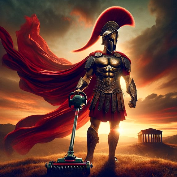 spartan warrior holding a whipper snipper