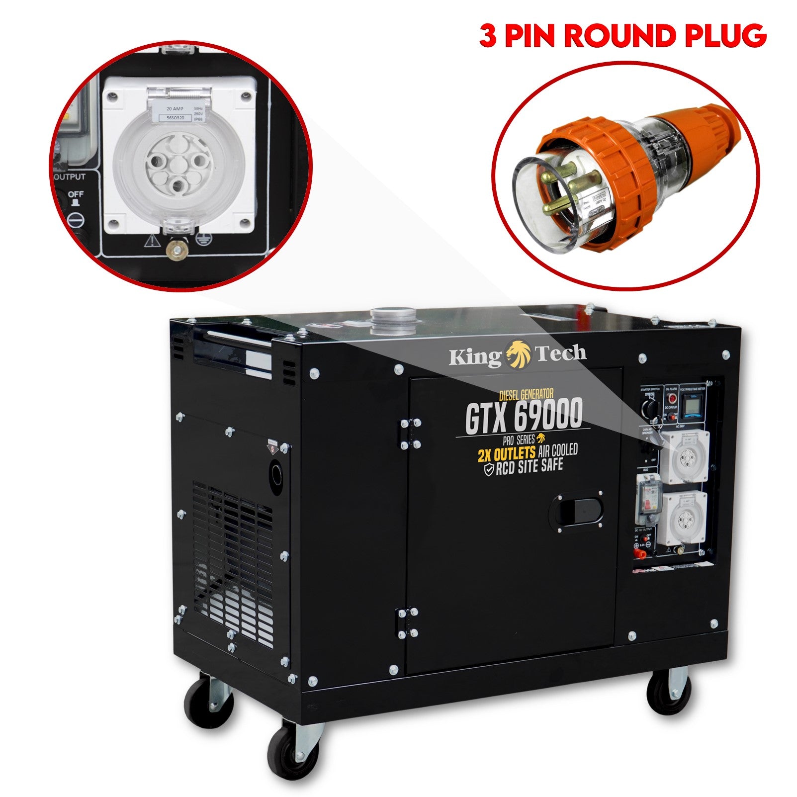 KingTech Heavy-Duty Adapter Lead | 20A 3 Pin Round Plug to 15A 3 Pin Flat Socket 240V IP66