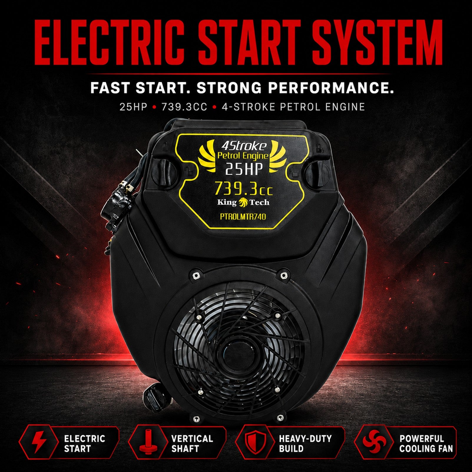 KingTech 25HP Vertical Shaft Engine | 739cc 4-Stroke OHV | Electric Start Motor V-Twin