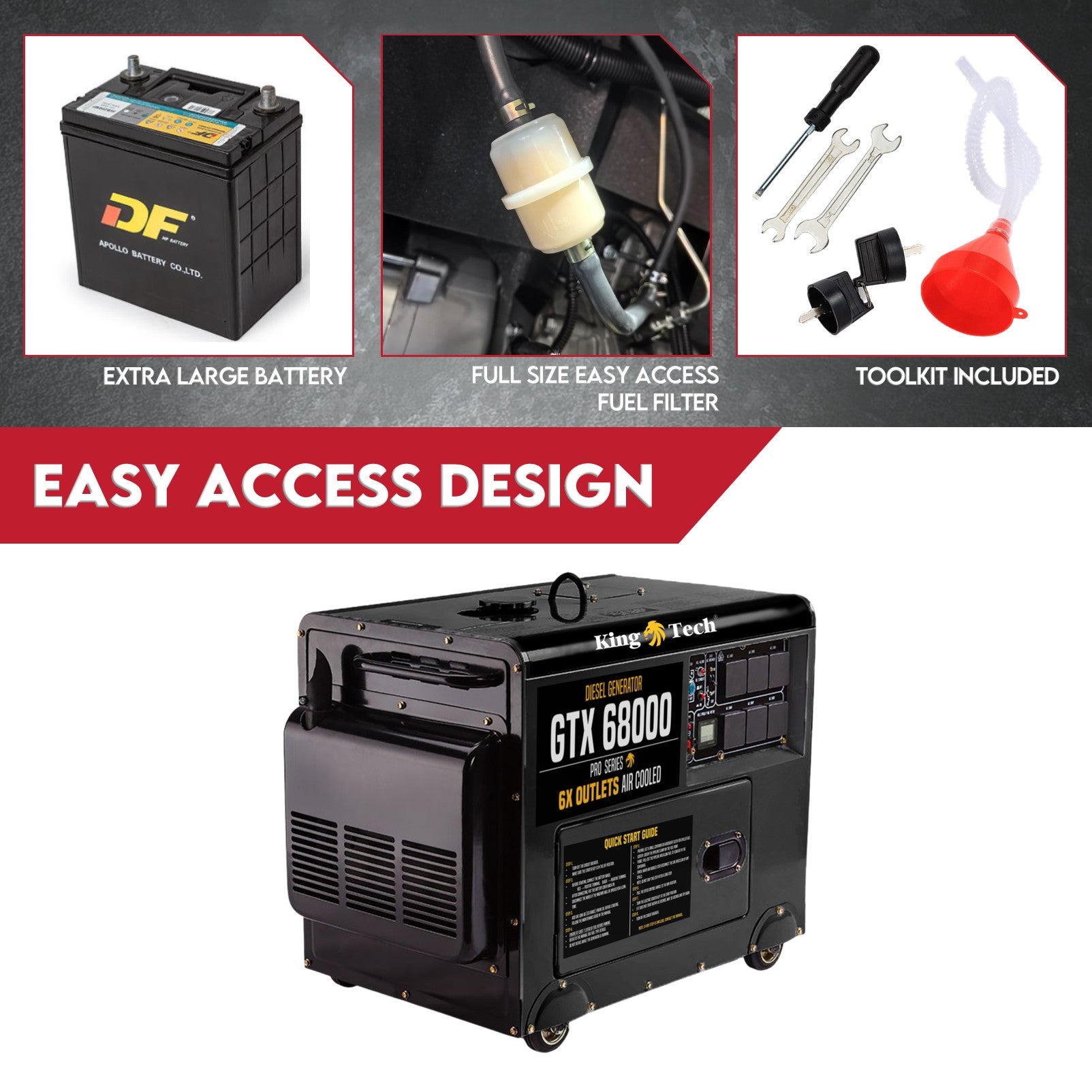 KingTech GTX68000 Silent Diesel Generator | 6kW Continuous Power | Electric Start & 74 dB