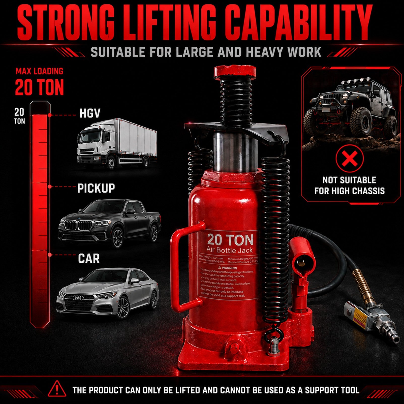 Fiernero 20 Ton Air & Manual Hydraulic Bottle Jack | Heavy-duty Car Lifter