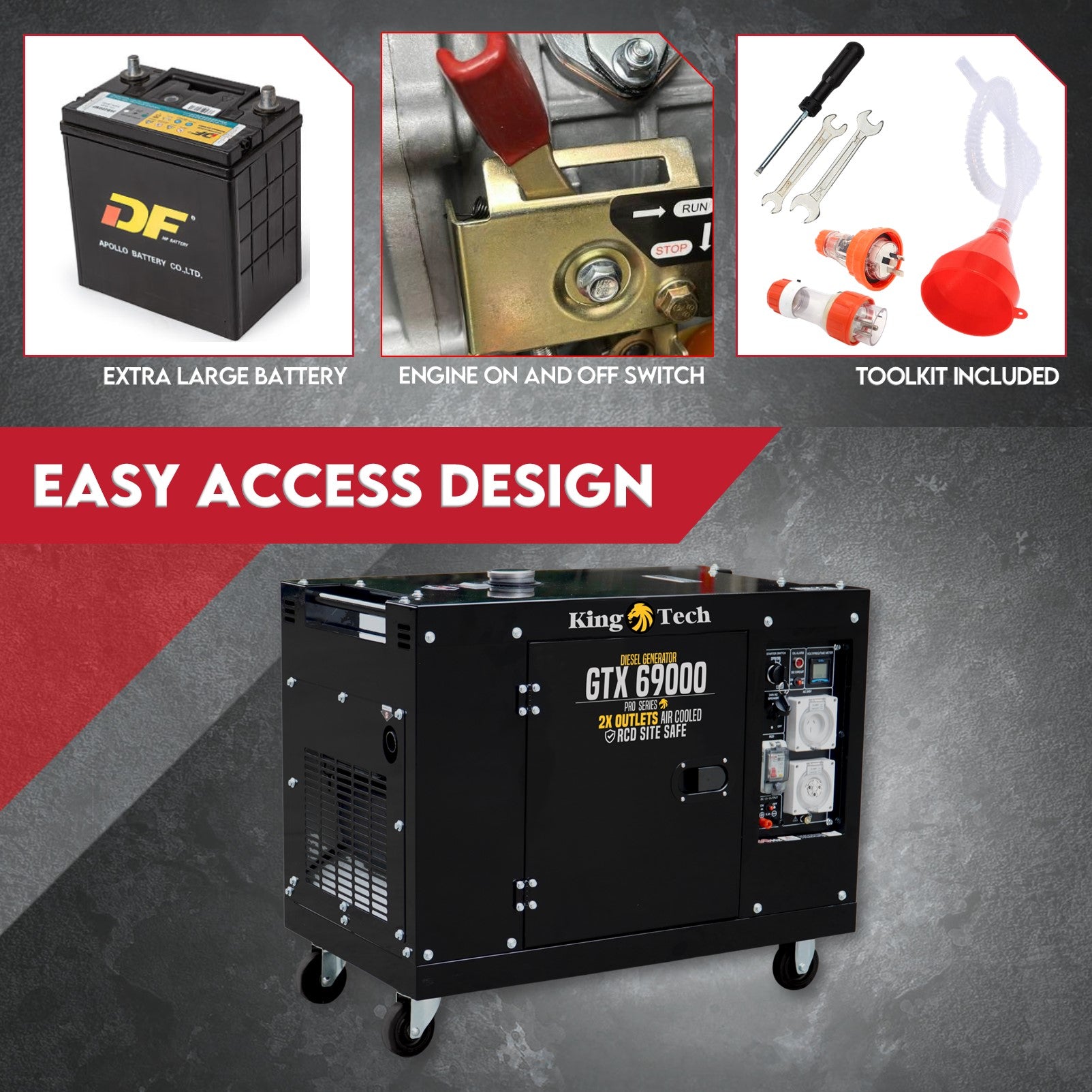 KingTech GTX69000 6kW Continuous Silent Diesel Generator 8.4 kVA Output Electric Start