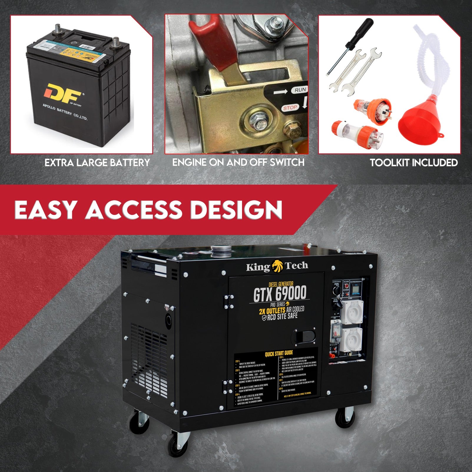 KingTech GTX69000 6kW Continuous Silent Diesel Generator 8.4 kVA Output Electric Start