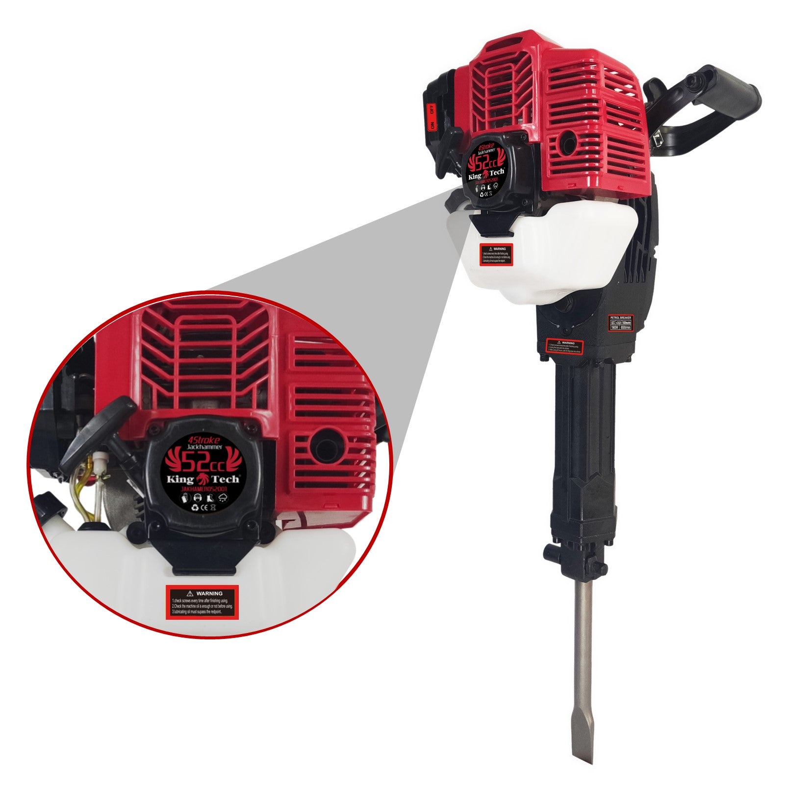 KingTech Cordless 52cc Petrol Jackhammer | 60 Joules Demolition Hammer incl Point & Flat Chisel
