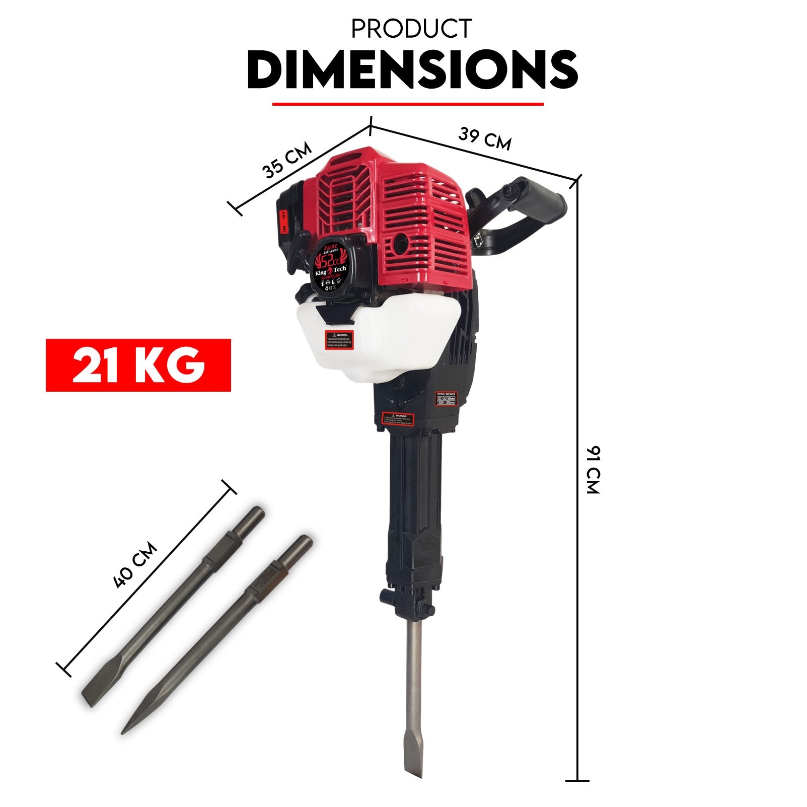 KingTech Cordless 52cc Petrol Jackhammer | 60 Joules Demolition Hammer incl Point & Flat Chisel