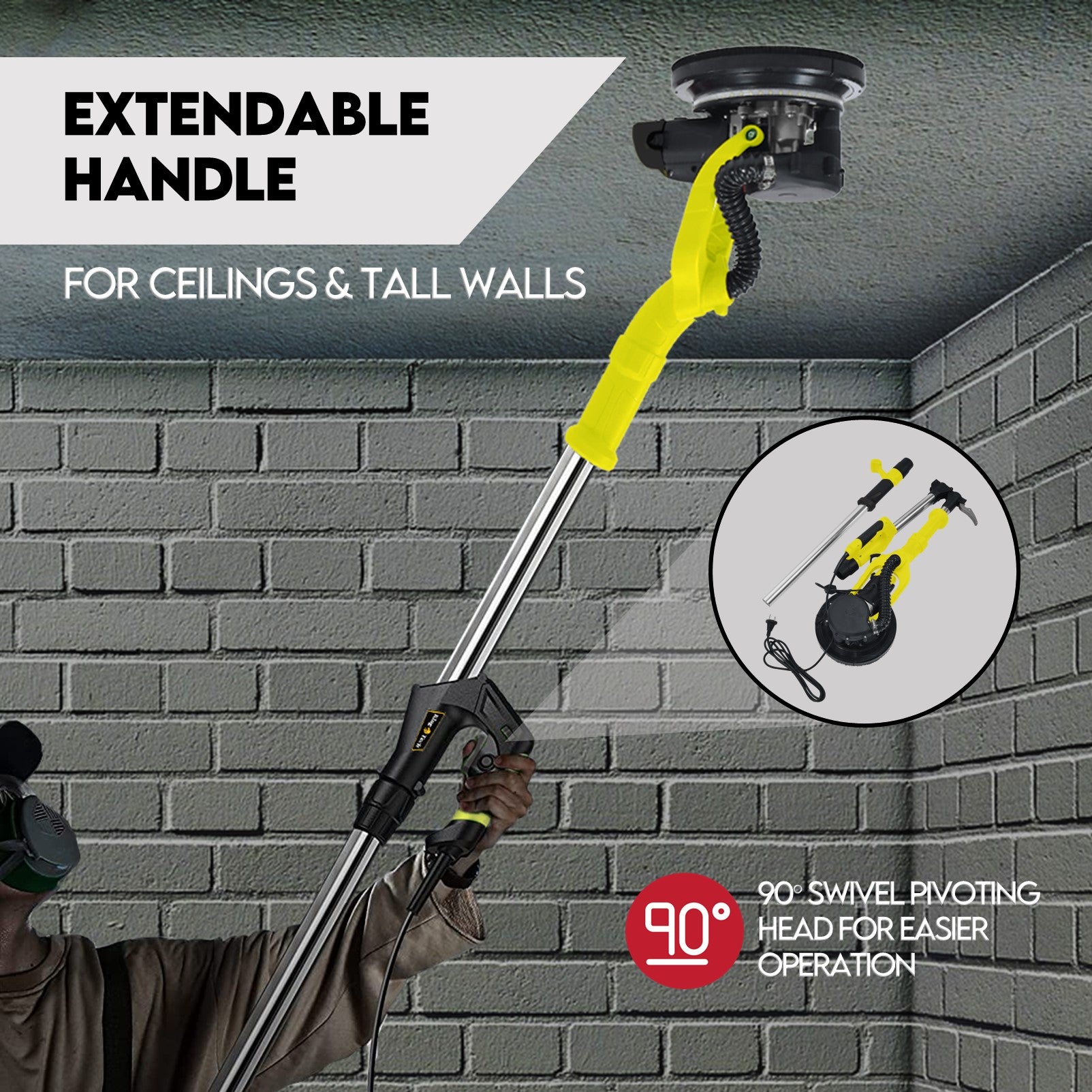 KingTech 2000W Drywall Sander Foldable 170cm Handle | Built-in LED Light | 98% Dust Absorption