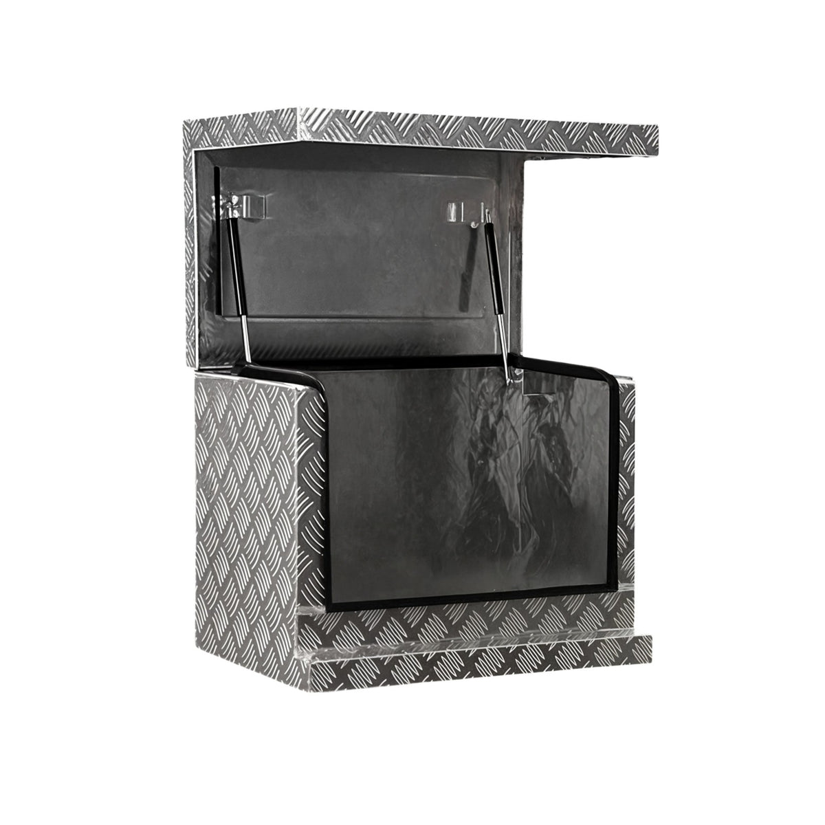 Chrome 2.5mm Aluminium Checker Plate Toolbox for Ute & Trailer Storage | Gas Struts & Whale Lock