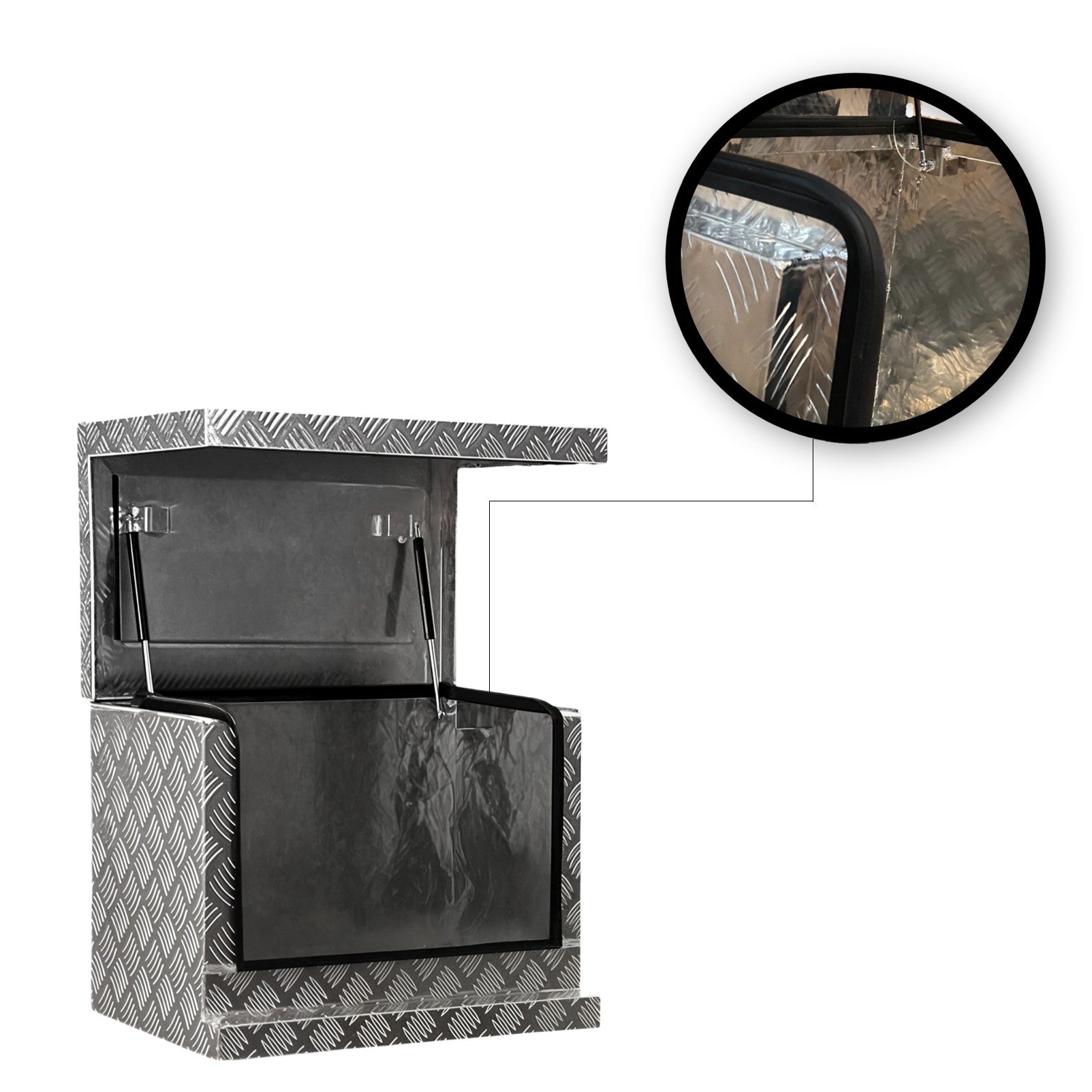 Chrome 2.5mm Aluminium Checker Plate Toolbox for Ute & Trailer Storage | Gas Struts & Whale Lock