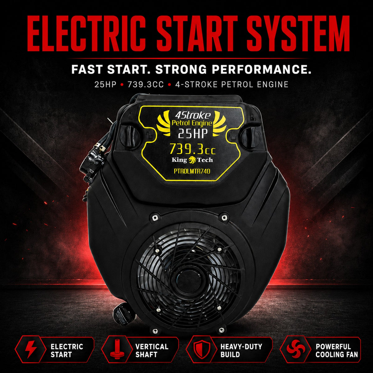 KingTech 25HP Vertical Shaft Engine | 739cc 4-Stroke OHV | Electric Start Motor V-Twin