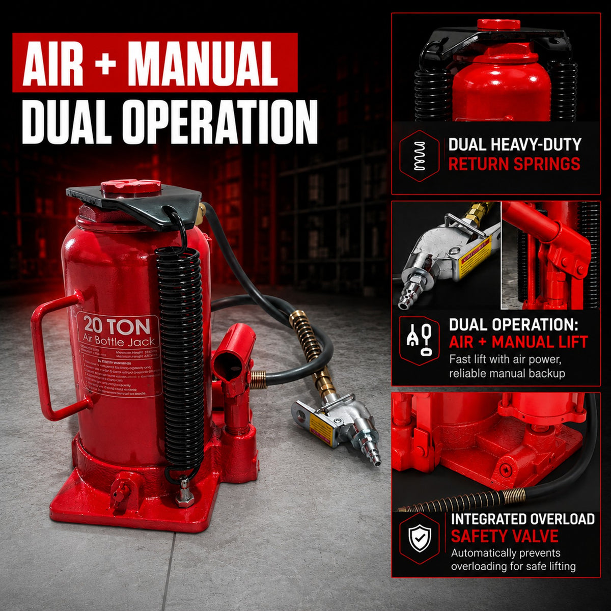 Fiernero 20 Ton Air & Manual Hydraulic Bottle Jack | Heavy-duty Car Lifter