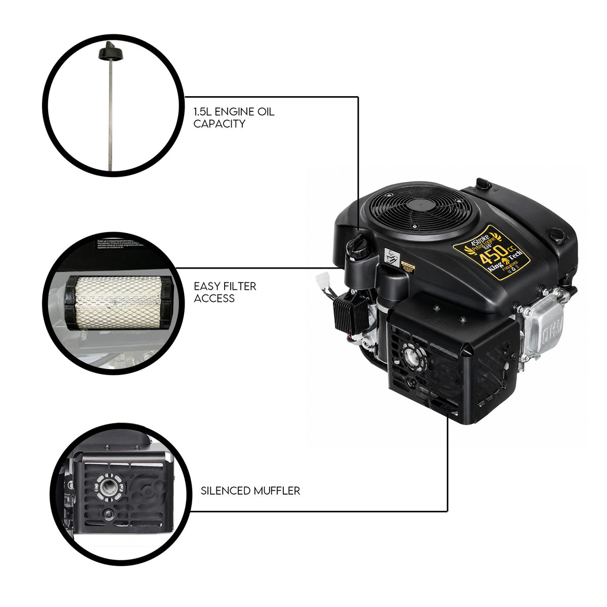 KingTech 16HP Vertical Shaft Engine | 450cc 4-Stroke OHV | Cast-Iron Bore Electric Start Motor