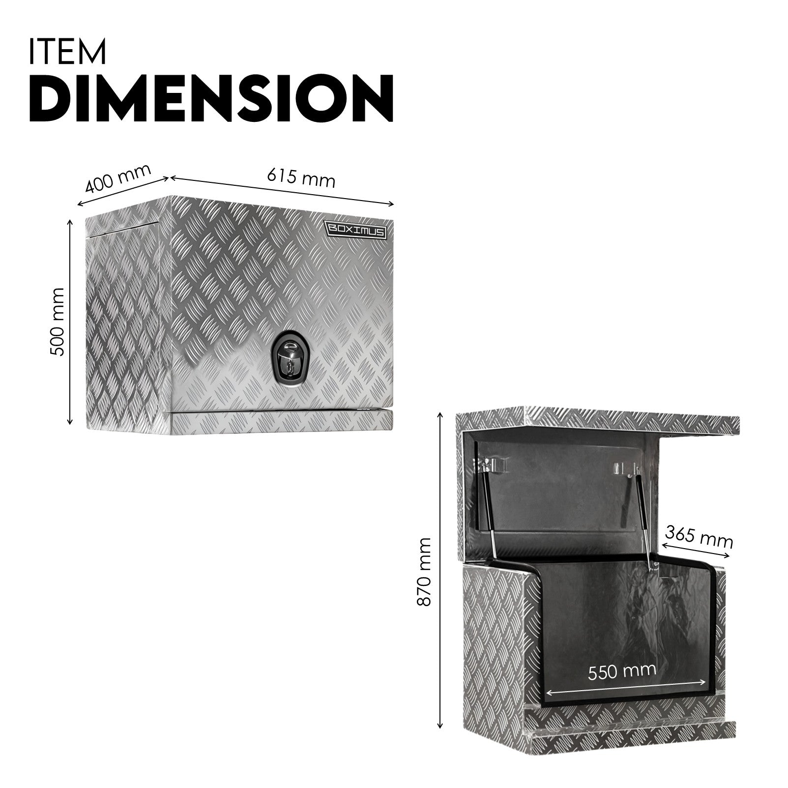 Chrome 2.5mm Aluminium Checker Plate Toolbox for Ute & Trailer Storage | Gas Struts & Whale Lock