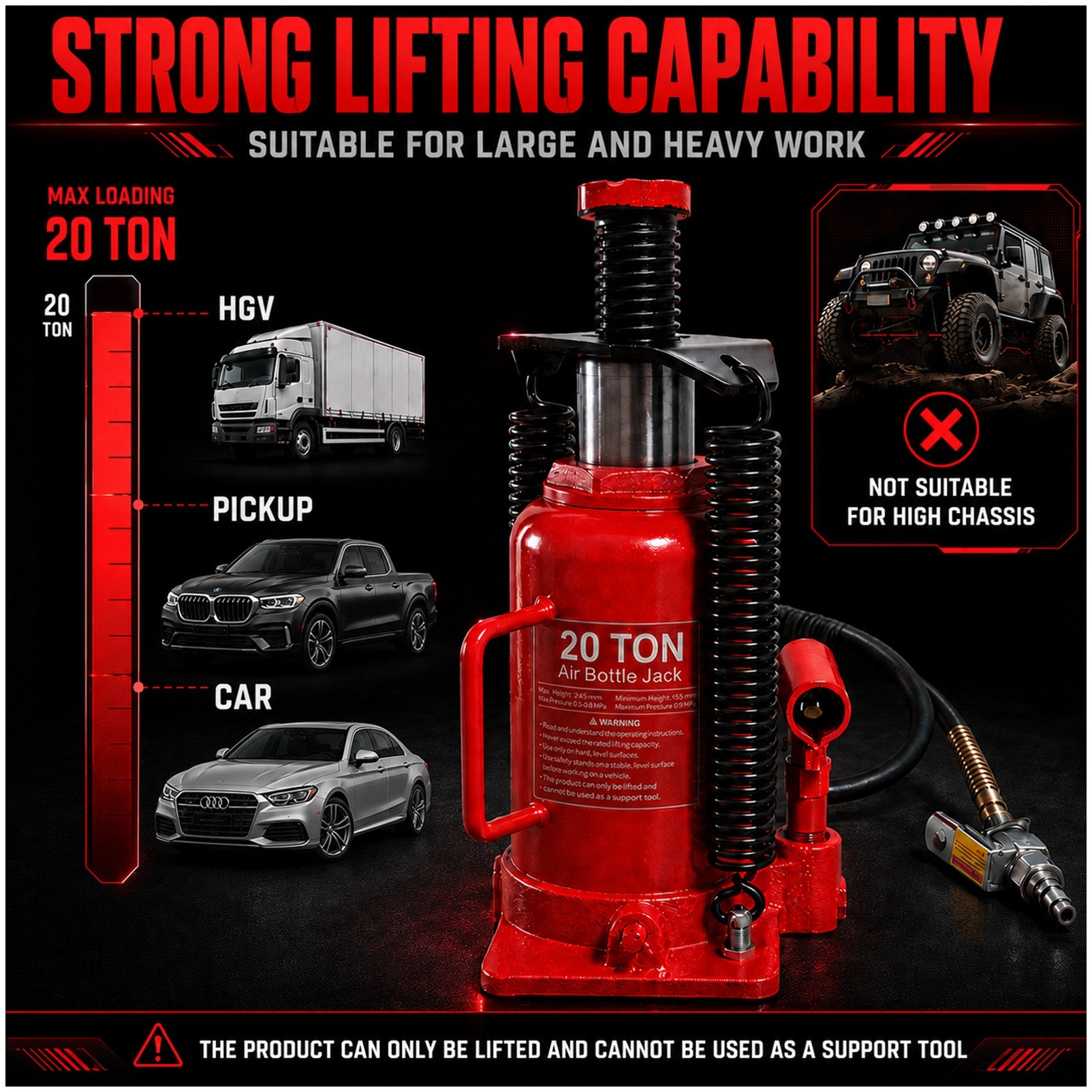 Fiernero 20 Ton Air & Manual Hydraulic Bottle Jack | Heavy-duty Car Lifter
