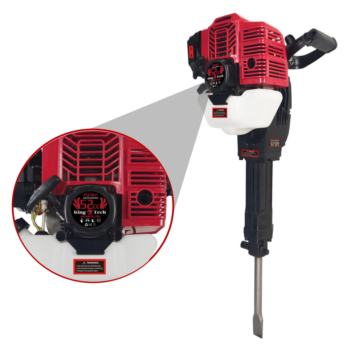 KingTech Cordless 52cc Petrol Jackhammer | 60 Joules Demolition Hammer incl Point & Flat Chisel