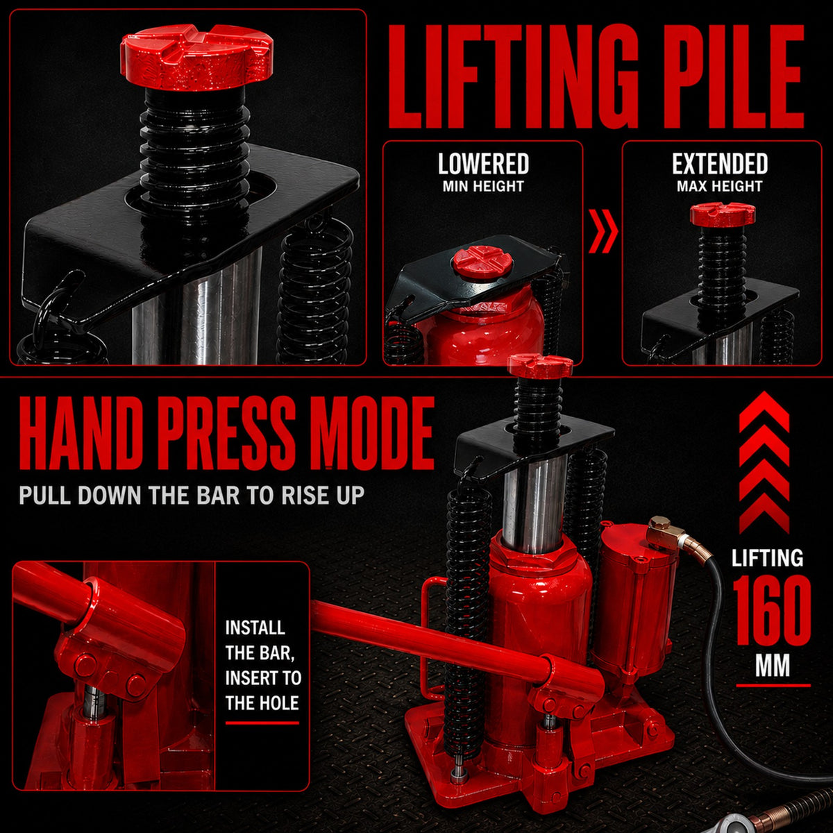 Fiernero 20 Ton Air & Manual Hydraulic Bottle Jack | Heavy-duty Car Lifter