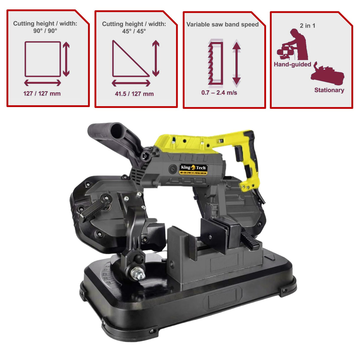 KingTech 1200W Portable Metal Band Saw | 127mm Cut-Off Capacity | Incl. Bench Stand