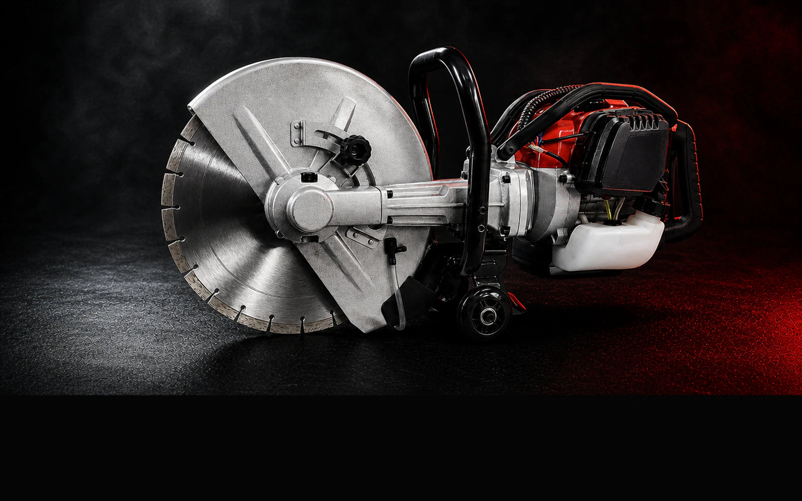 Concrete cut saw in cinematic black and red lighting