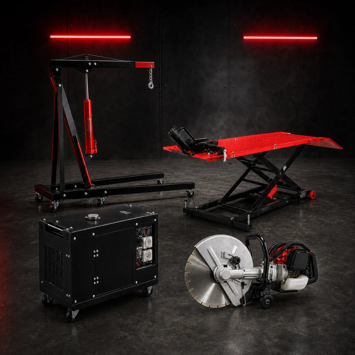 Engine crane, motorcycle lift, generator and petrol concrete saw displayed in a dark industrial studio with red LED light bars
