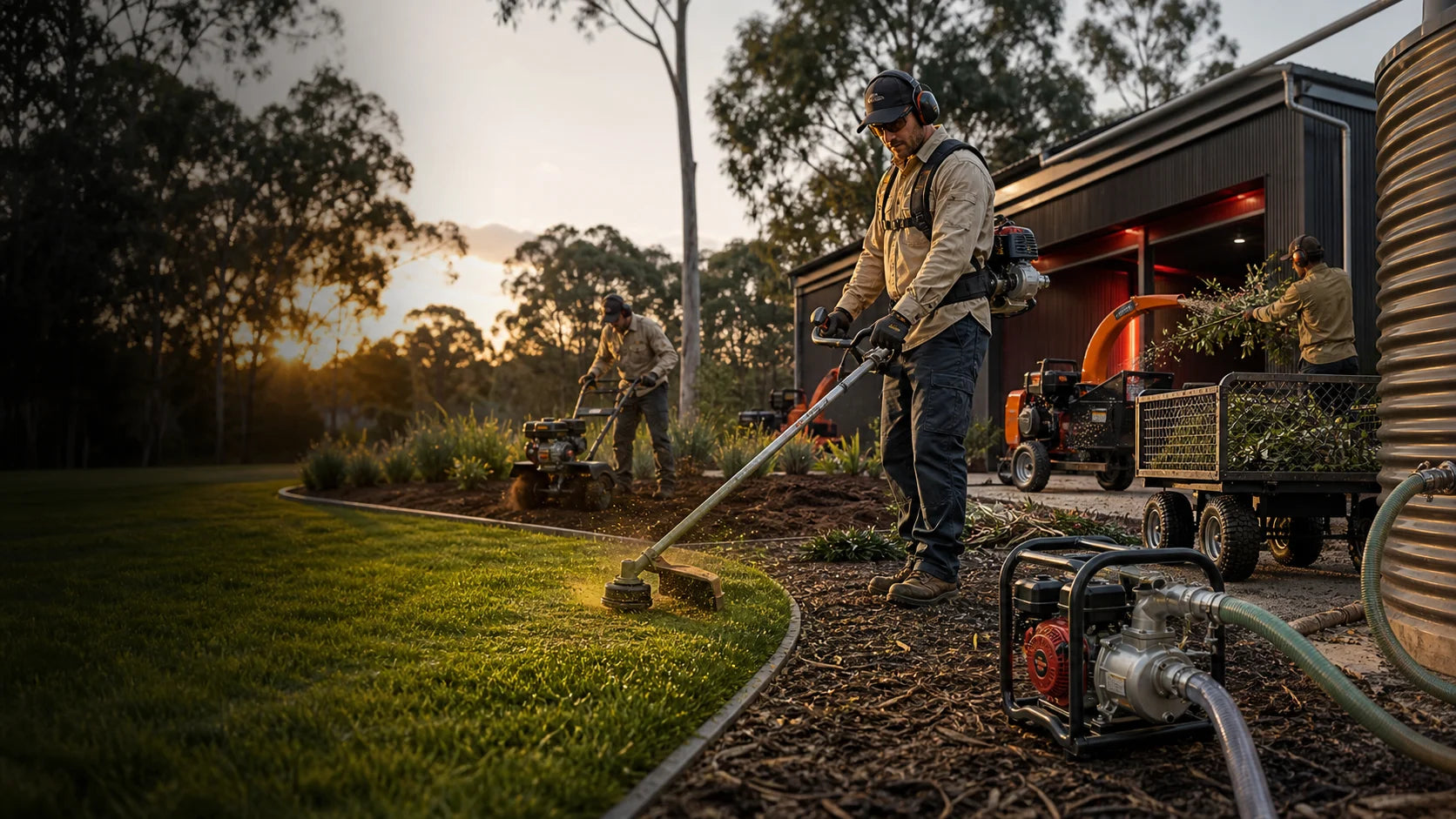 Operator trimming grass beside rural power equipment