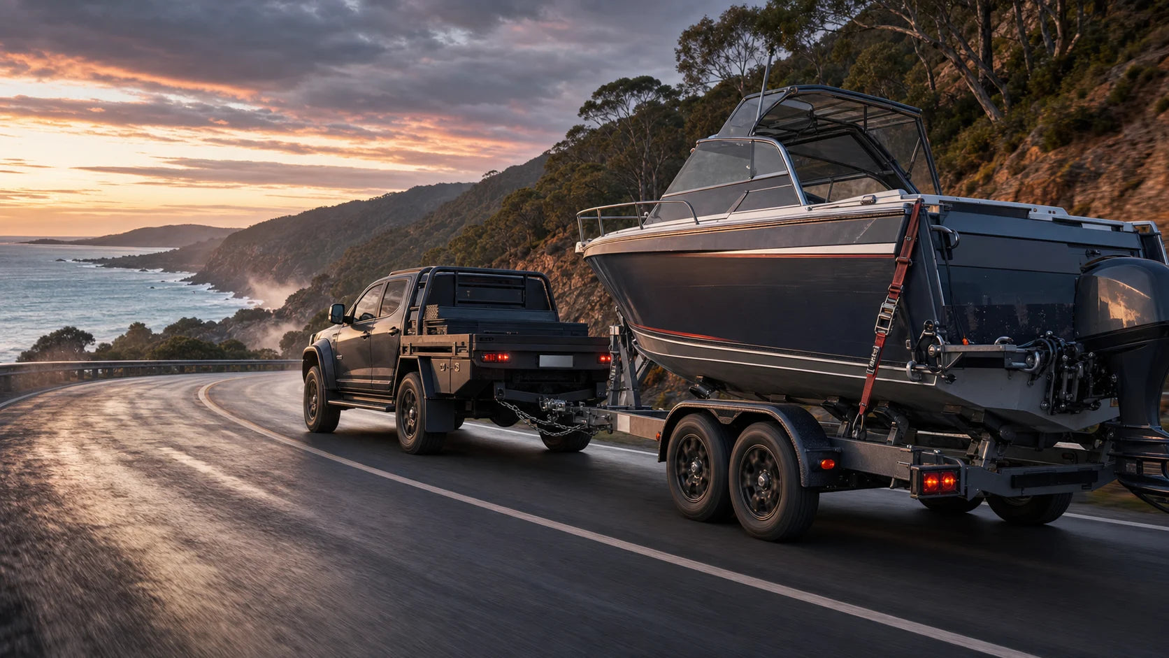 Australian ute towing a boat along a coastal road