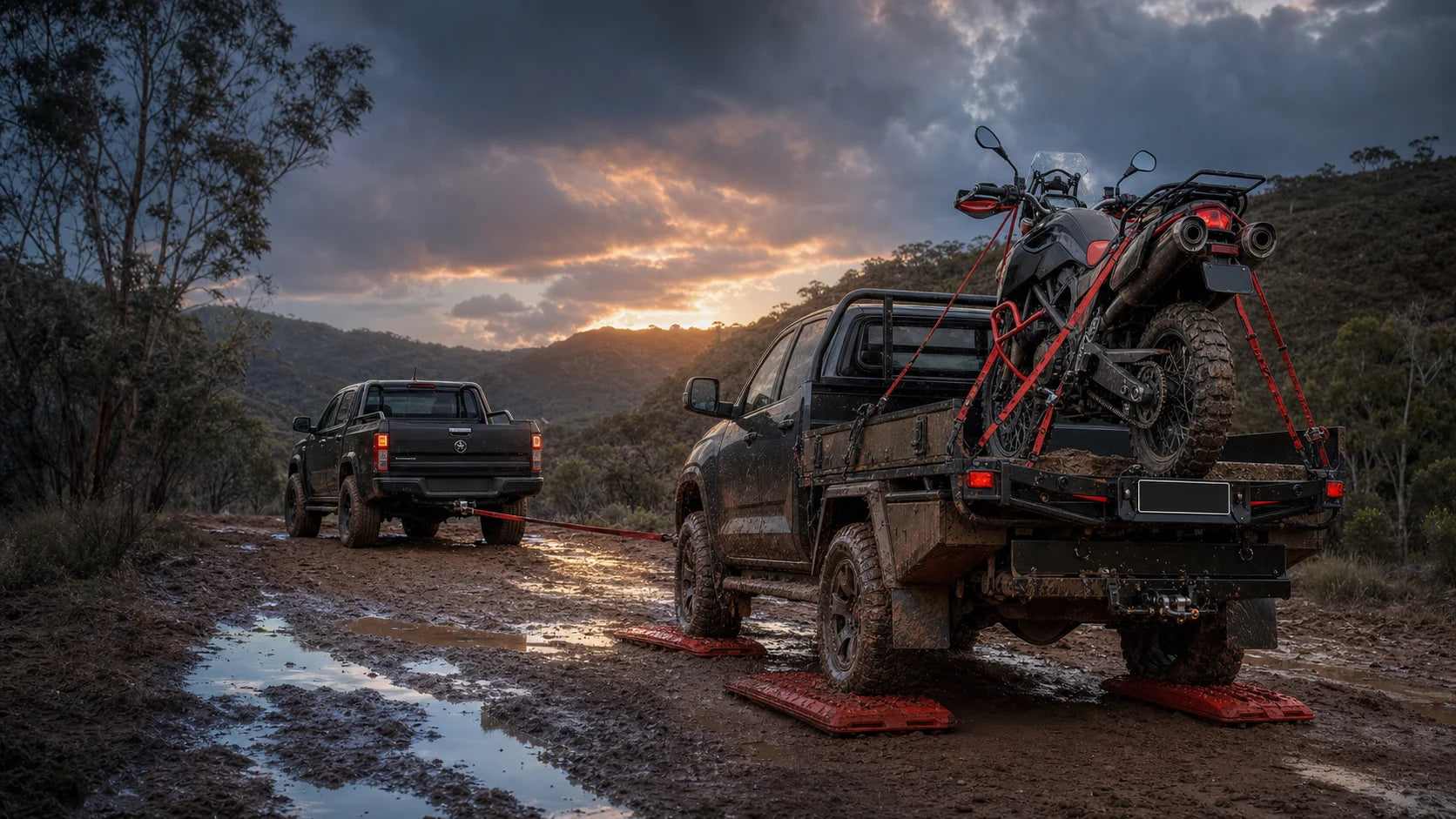 Utes and motorcycle recovery gear on a muddy Australian track