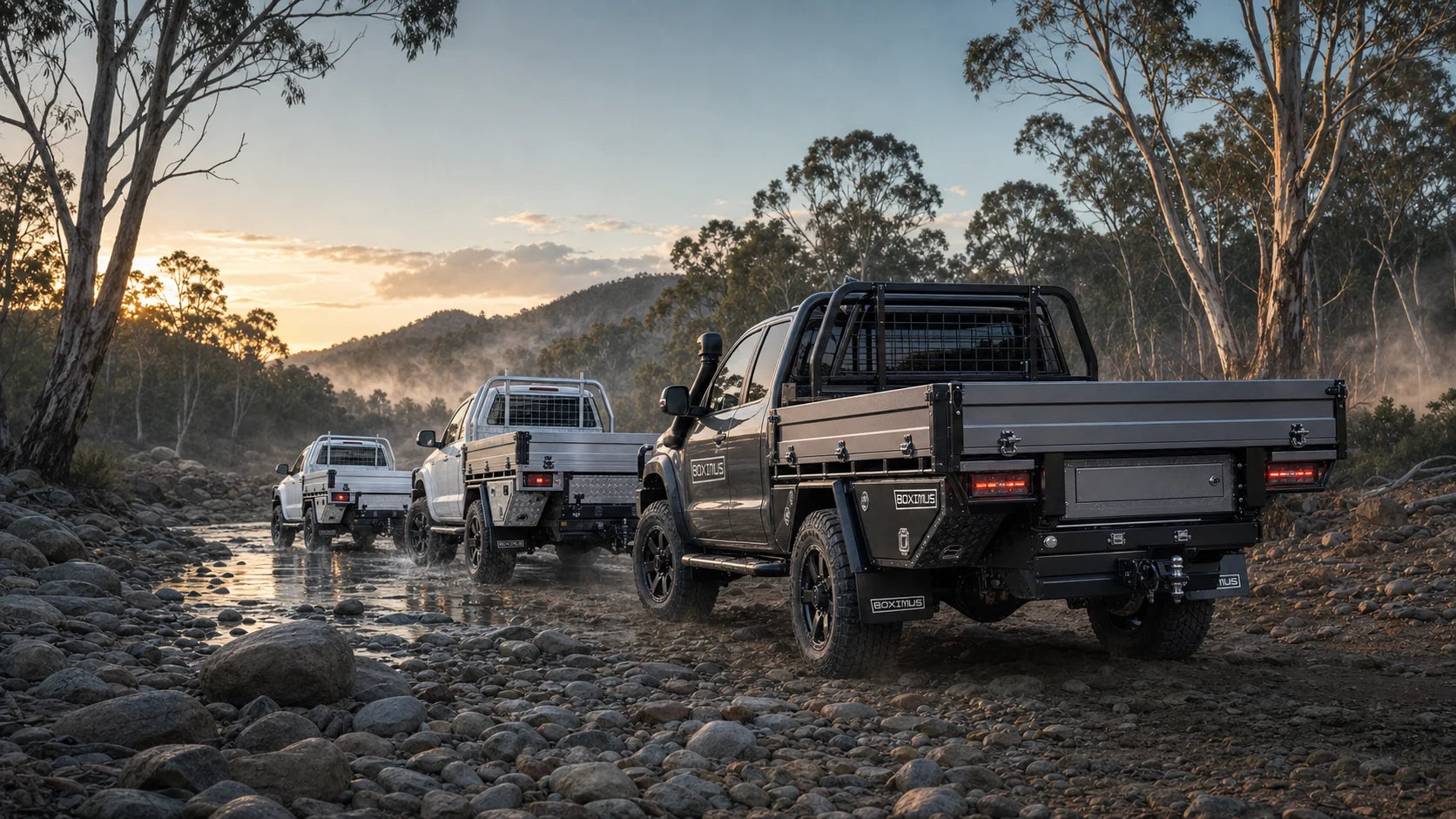 Boximus-equipped utes crossing a rocky riverbed
