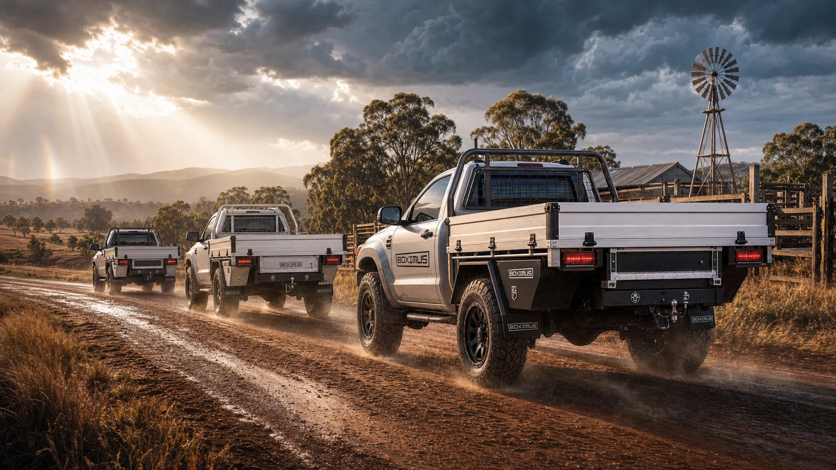 Boximus tray-back utes travelling through a rural station