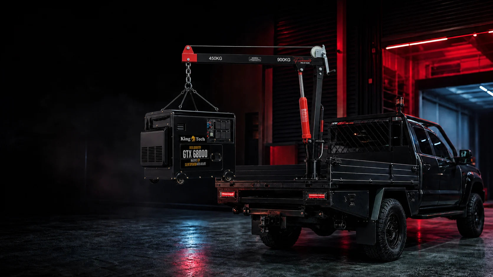 Ute-mounted swivel crane lifting a generator in a workshop
