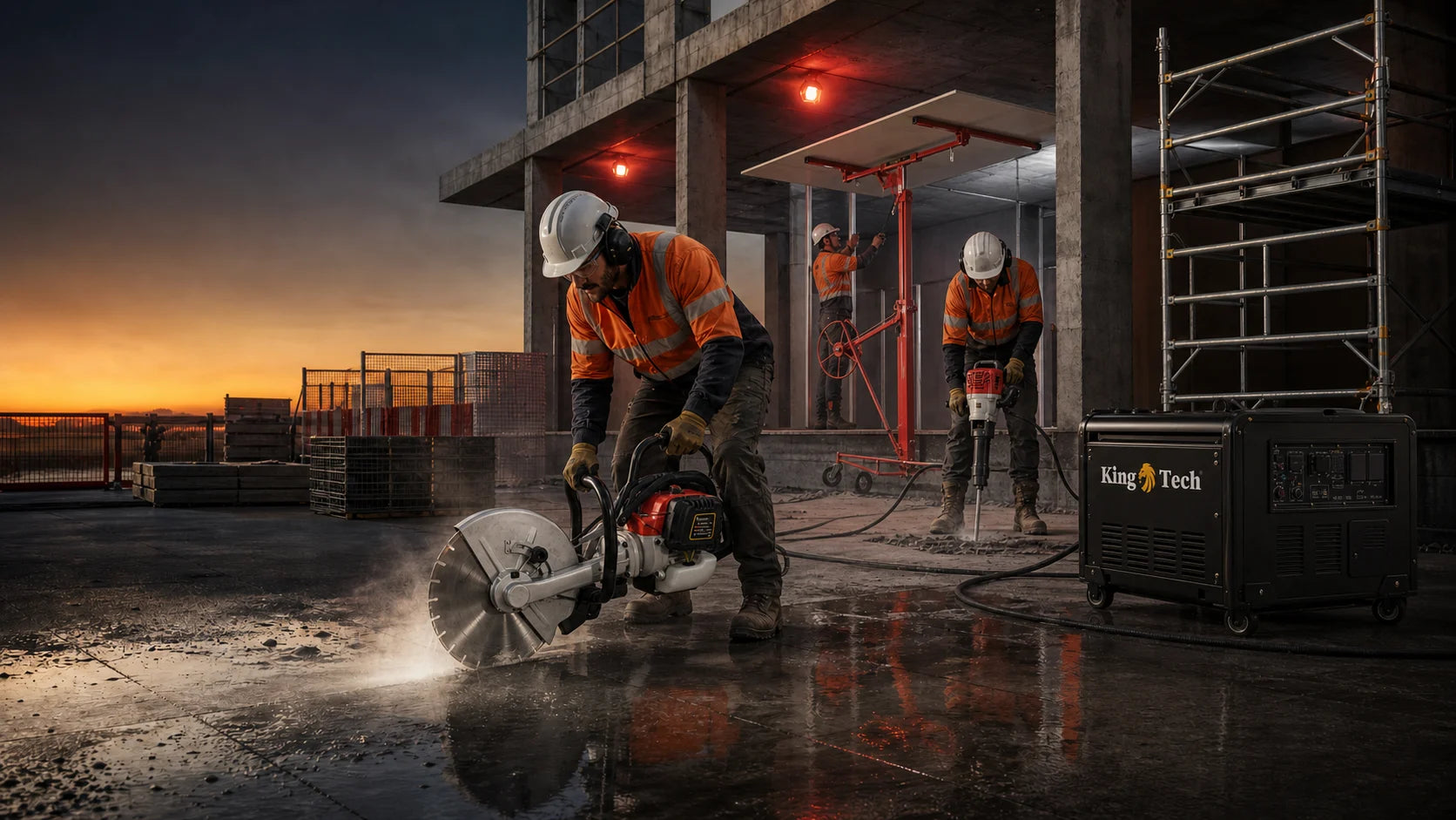 Construction crew using power equipment at dusk