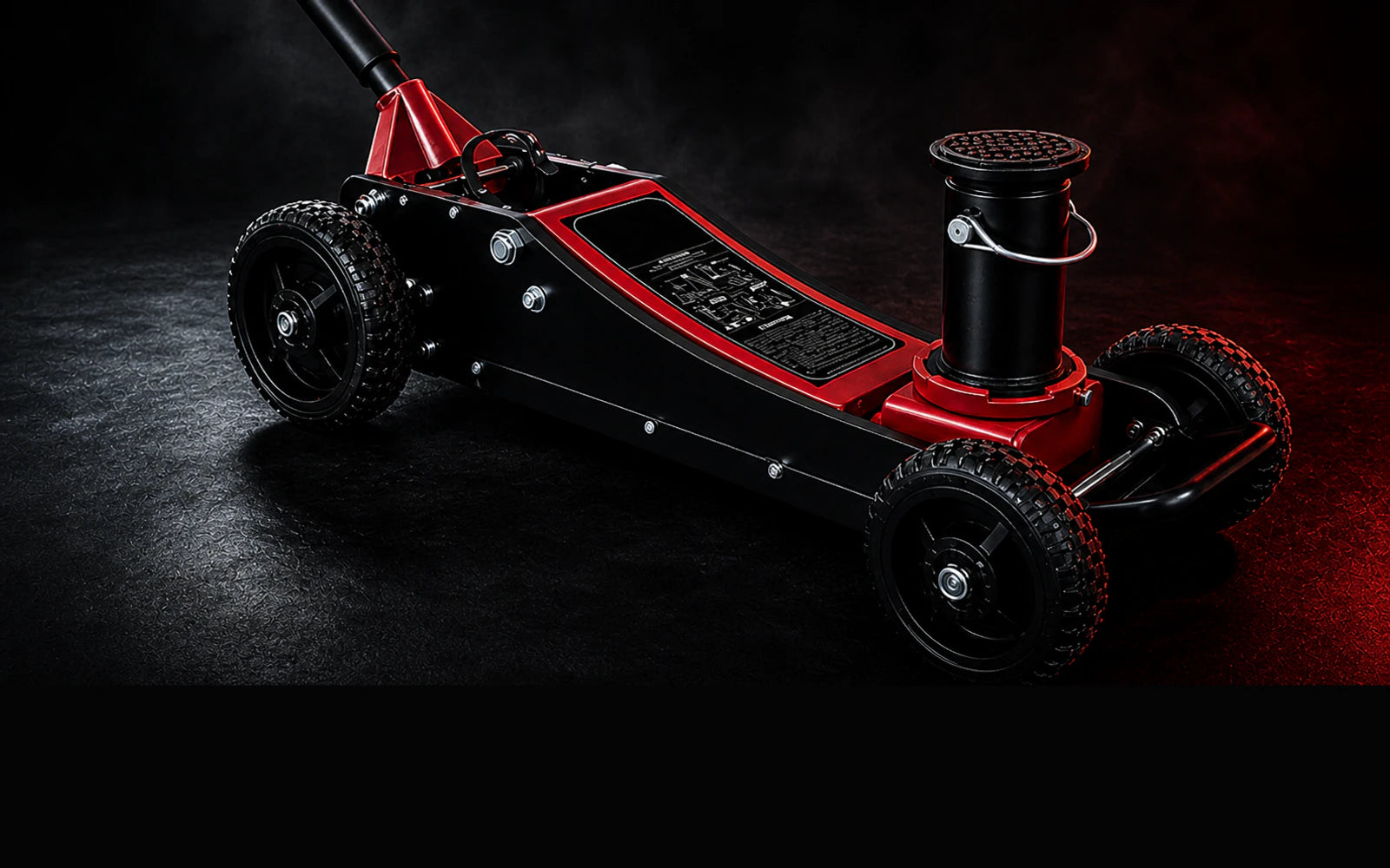 Automotive workshop floor jack in cinematic black and red lighting